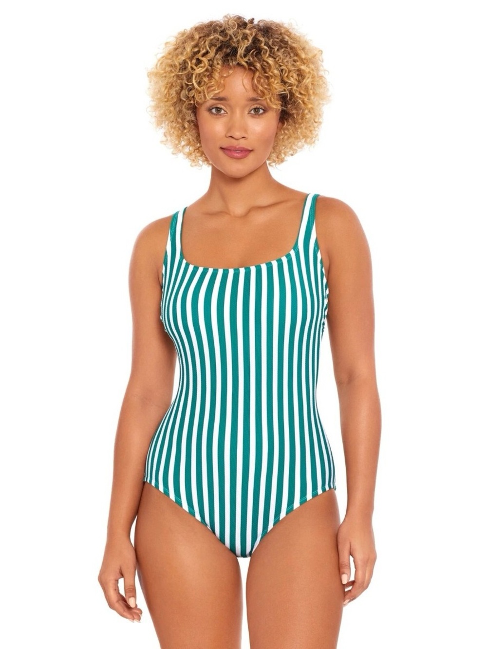 Time and Tru Green and White Vertical-Stripe One-Piece Swimsuit